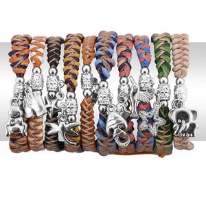 Set of 10 Multi Color Leather Cord Adjustable Friendship Bracelet Multi Charms